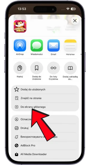 Użyj przycisku Udostępnij, aby dodać Chicken Road na iOS