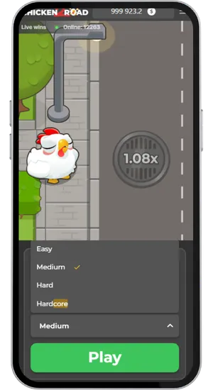 Menu de difficulté Chicken Road 2 avec options Facile, Moyen, Difficile et Hardcore