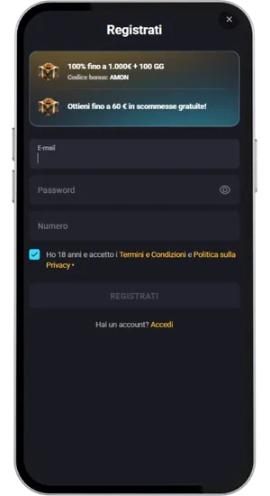 Modulo di registrazione casinò e interfaccia di deposito con minimo 10 EUR