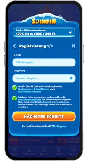 Casino-Registrierungsformular und Einzahlungsbereich mit 10 € Mindesteinzahlung