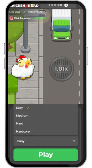 Menu di selezione difficoltà di Chicken Road 2 con opzioni Facile, Medio, Difficile e Hardcore