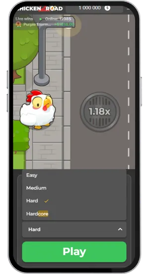 Chicken Road 2 Menü zur Auswahl des Schwierigkeitsgrads mit Einfach, Mittel, Schwer und Hardcore